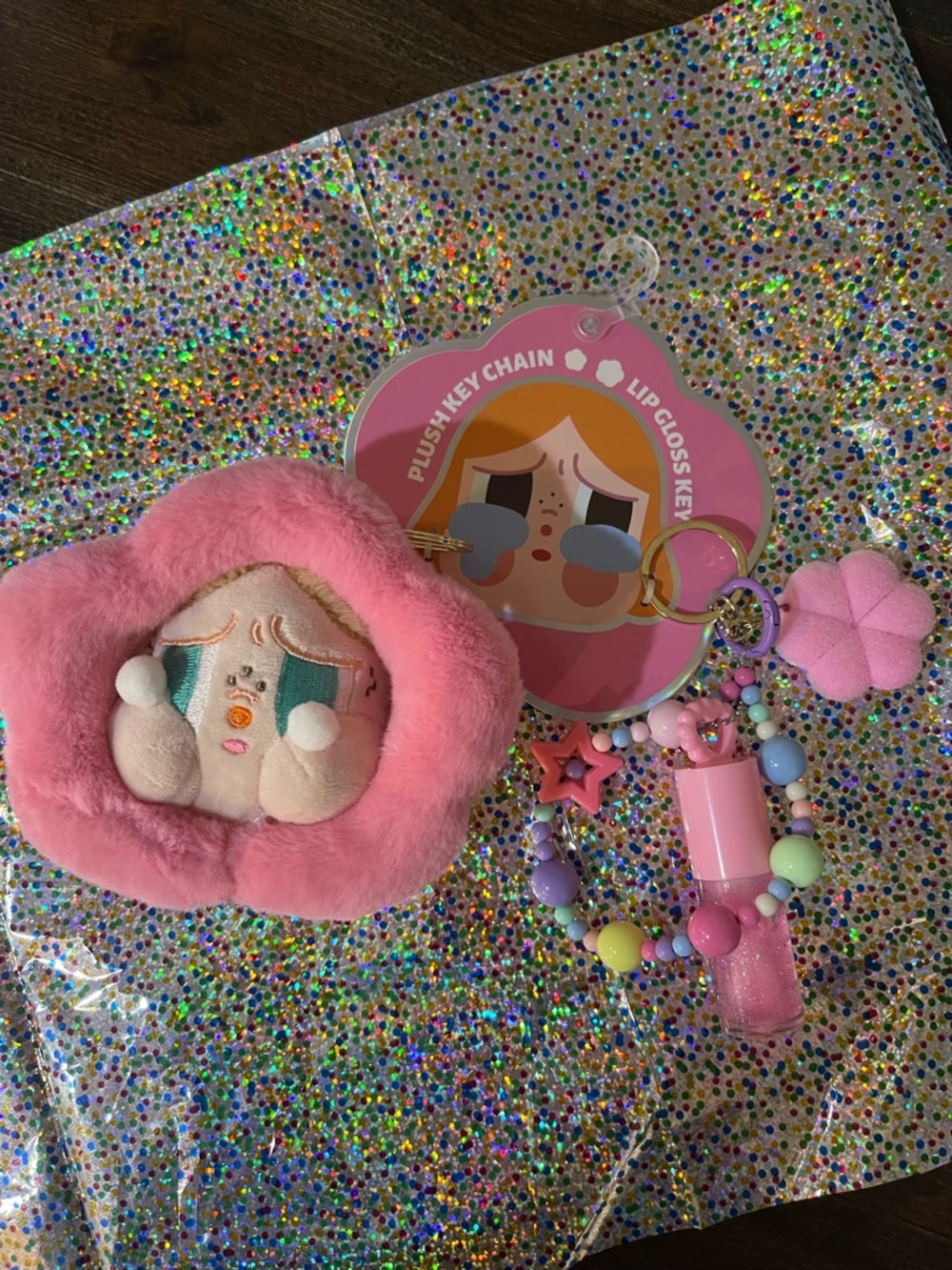 Pink crying Plush Flower Keychain & Lip Gloss Keyring - Kids Toys